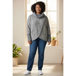 Calvin Klein Performance Gray Blue Marl Cowl Neck Wrap Front Sweater Tunic L